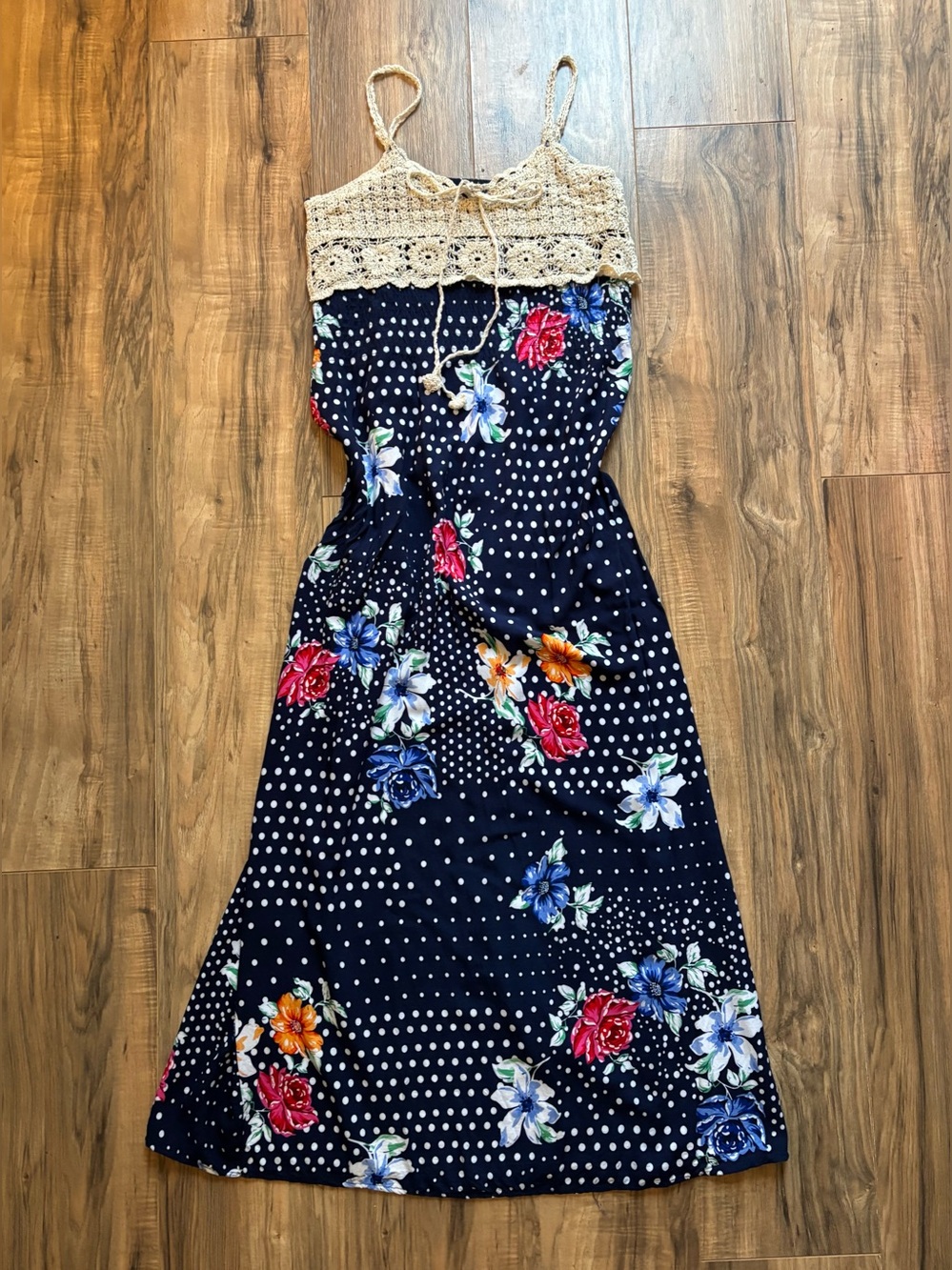 64 sixty-five navy floral maxi dress with crochet top adjustable smocked M